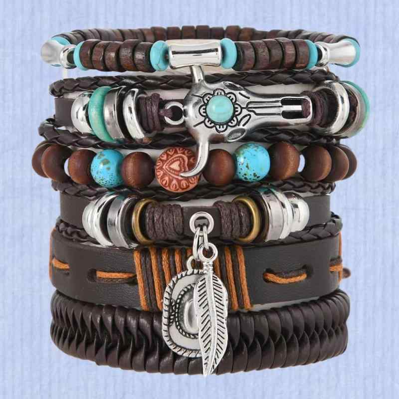 ブレスレット メンズ 男性用 PUレザー 木製 ウッドビーズ 合金 多層 ハンドメイド 編み込み レトロ 幾何学模様 マルチカラー 普段使い