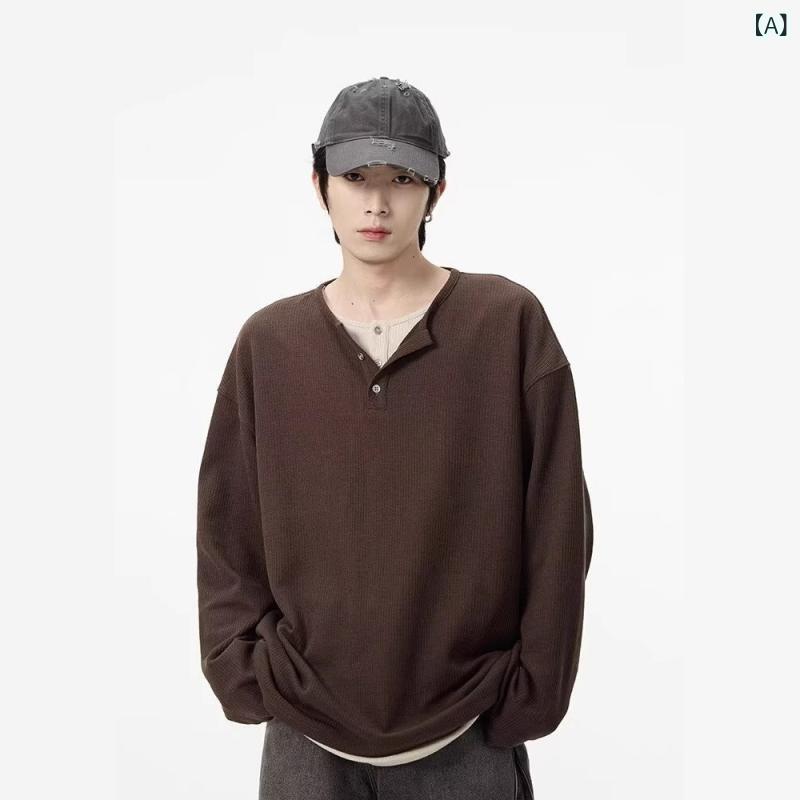 Tシャツ メンズ 韓国風 フェイクレイヤード 長袖 トップス カットソー ゆったり カジュアル 春秋 ポリエステル 普段使い コーヒー色 グレー ブラック