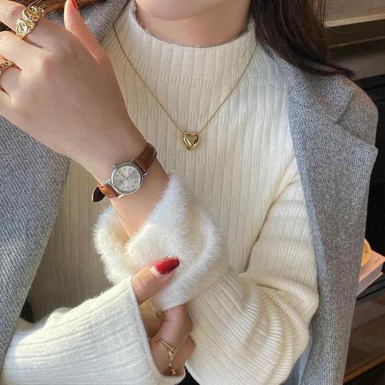 ニット レディース 秋冬 加绒 裏起毛 あったか トップス ハイネック 暖かい プルオーバー セーター インナー ポリエステル 無地 カジュアル かわいい 白 黒 ベージュ