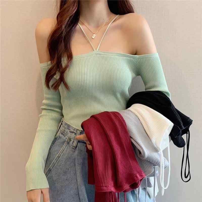 ニット レディース 秋冬 一字肩 長袖 トップス 接触冷感 薄手 プルオーバー スリム 伸縮性 カジュアル ブラック ホワイト グレー グリーン ワインレッド