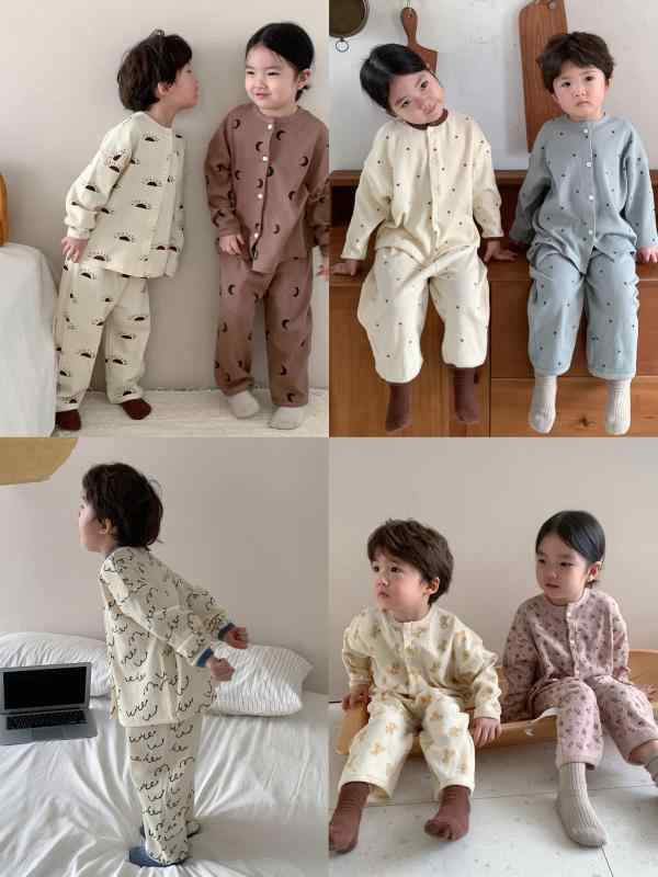 子供服 ホームウェア 上下セット 長袖ワッフル パジャマ 綿100% ミドル丈パンツ 80 90 100 ベージュ 星柄 小熊柄 幾何学模様