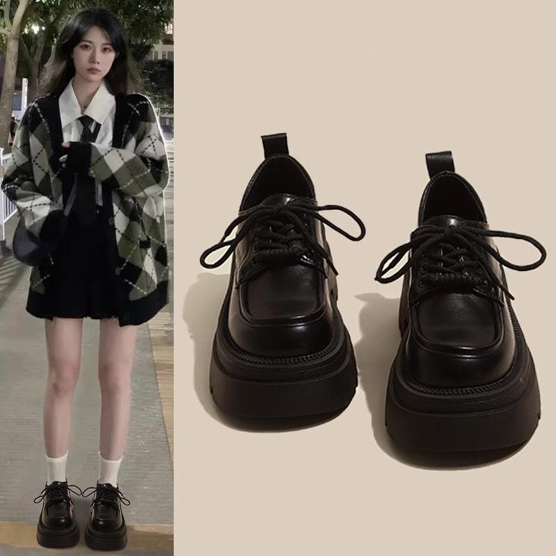 ローファー レディース 厚底 レースアップ ラウンドトゥ 婦人靴 マニッシュシューズ カジュアルシューズ 黒 ブラック系 PUレザー 春夏 秋冬