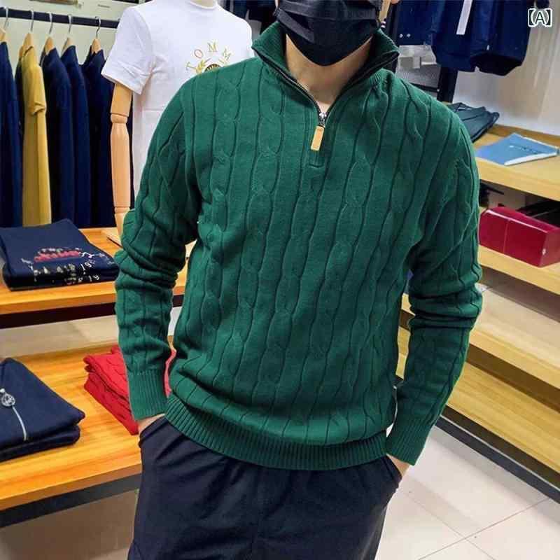 ニット メンズ ハーフハイネック ジップアップ プルオーバー ケーブル編み 長袖 トップス 秋冬 リラックスフィット カジュアルスタイル 普段使い