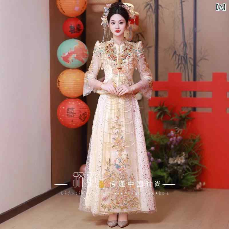 秀禾服 レディース ウェディングドレス シャンパンゴールド 結婚式 チャイナドレス スリム 小柄 刺繍 ポリエステル 立襟 七分袖 蓬蓬裙