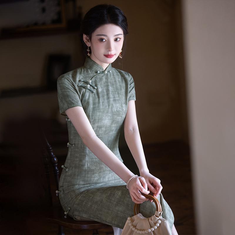 チャイナドレス レディース 春夏 レトロ 民国風 グリーン 若い Uネック 斜め襟 膝下丈 シルクコットン リネン ミモレ丈ワンピース