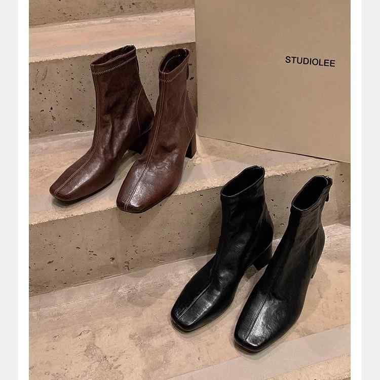 ショートブーツ レディース 秋冬 牛革 スキニーブーツ 太ヒール 6.5cm ローヒール チャンキーヒール バックジップ 本革 レザー 履きやすい 歩きやすい 痛くない 防滑 婦人靴 黒 ブラック 赤 ブラウン