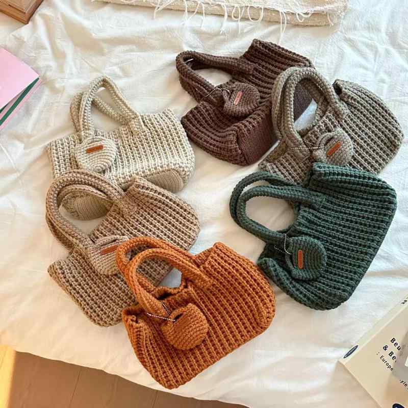 トートバッグ レディース かわいい 手編み 毛糸風 ニット 鞄 秋冬 ベージュ カーキ オレンジ グリーン ..