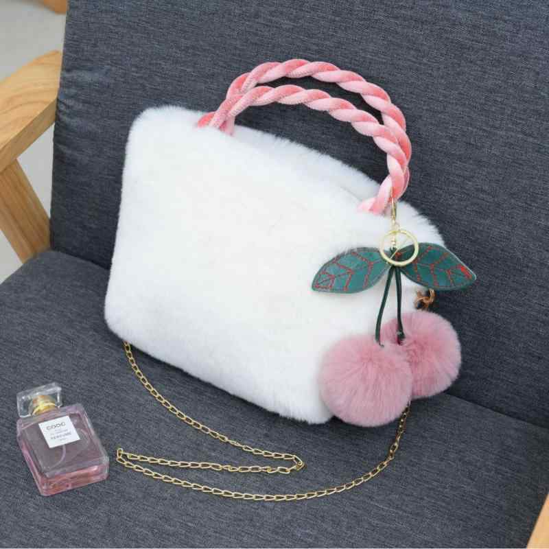 バッグ レディース かわいい サクランボ柄 ガーリー ふわふわ 秋冬 チェーン 斜めがけ 肩掛け カバン アイボリー ピンク グレー カーキ パープル ブラック