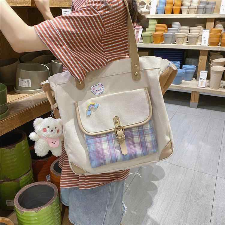 帆布バッグ レディース 学生 ショルダーバッグ チェック柄 大容量 かわいい カジュアル