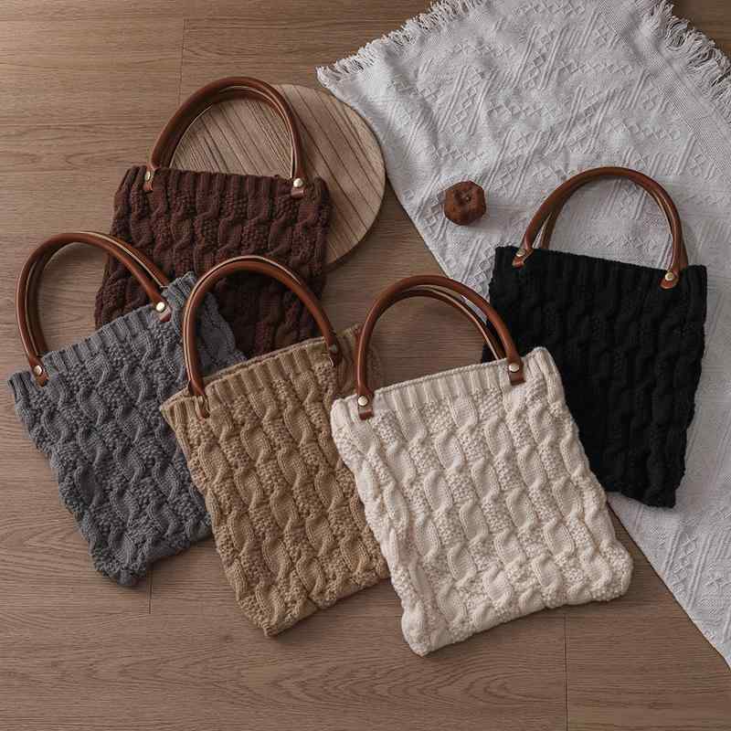 トートバッグ レディース 秋冬 韓国風 手編み風 ニットバッグ かわいい おしゃれ ミニバッグ ポリエステル 通勤 普段使い グレー コーヒー色 カーキ ベージュ ブラック