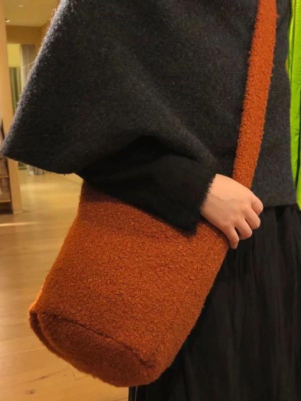 バッグ レディース レトロ 水桶型 秋冬 毛 呢 手提げ 肩掛け 斜め掛け 無地 裏地付き デイリーユース