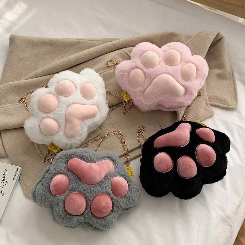 ぬいぐるみ バッグ レディース ミニ ショルダーバッグ かわいい 猫 爪 もこもこ 斜めがけ 韓国 ファッション カジュアル 白 ホワイト ピンク 黒 ブラック 裏地ナイロン