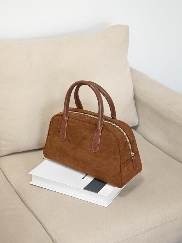 バッグ レディース 鞄 秋冬 スエード調 手提げ 大容量 レトロ ボストンバッグ ステッチ 切り替え 裏地ポリエステル 栗色 グリーン アプリコット ブラック レッド