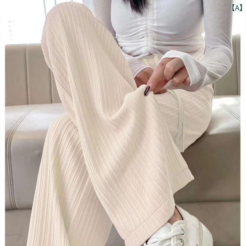 レディース ワイドパンツ 夏 高腰 スリム ストレート ニット ロング 接触冷感 ポリエステル スパンデックス 微弾力 薄手 シンプル 都市 通勤 気質 かわいい 清新 米白 ピンク 黒 紫 灰 ブルー グリーン
