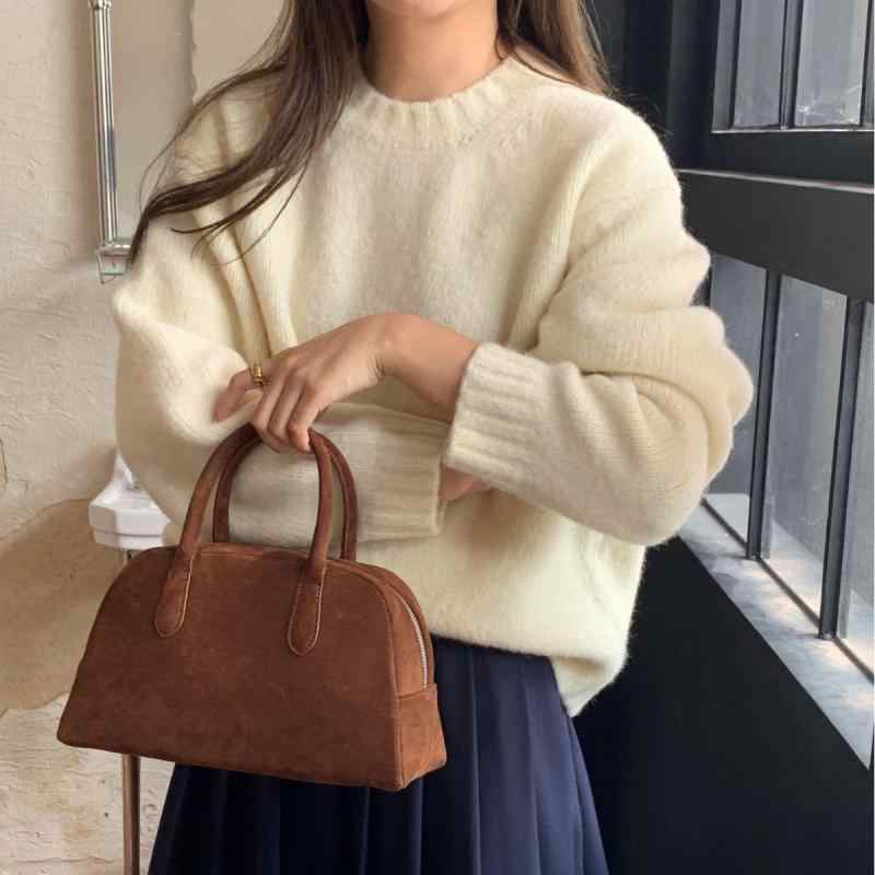 ボストンバッグ レディース スエード調 レトロ ハンドバッグ 枕型 暖色 黒色 都市 カジュアル 手提げ ..