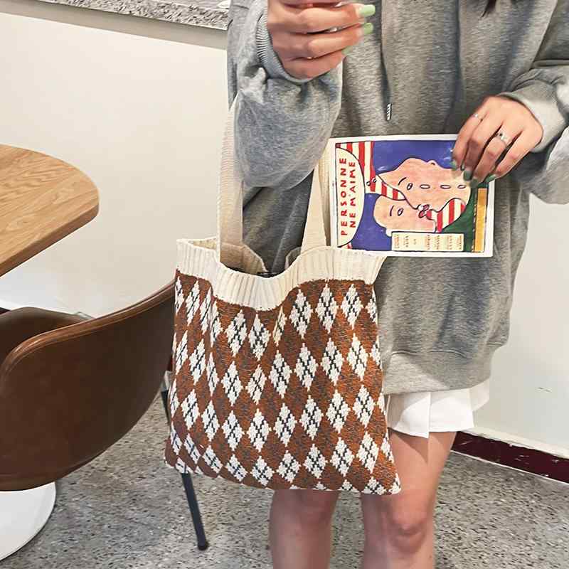 ショルダーバッグ レディース 秋冬 韓国風 レトロ 格子柄 編み込み ニット 大容量 ハンドバッグ 白 緑 黒 茶色