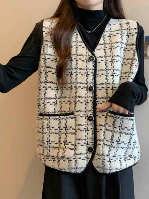 ニットベスト レディース Vネック 格子柄 秋冬 あったか アウター ショート丈 婦人服 韓国ファッション 重ね着 普段使い
