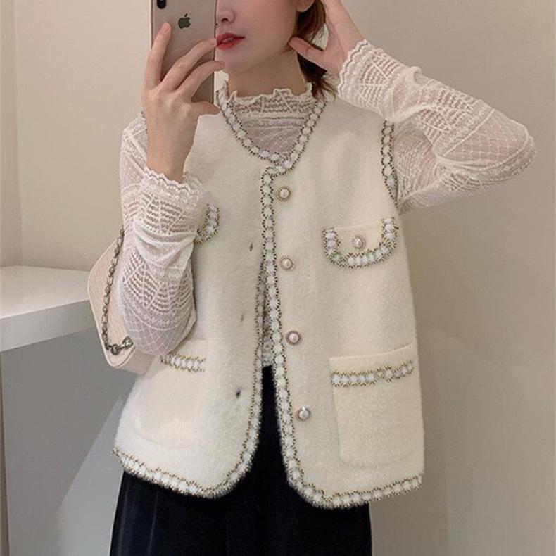 Rakuten - ニットベスト レディース Vネック ミンク風 ケーブル編み 配色 秋冬 かわいい ガーリー