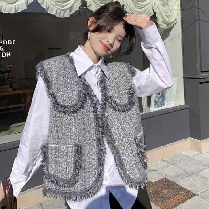 ニット レディース フェイクファー Vネック カーディガン ベスト 秋冬 波点 灰色 S M L 普段使い 私服 かわいい