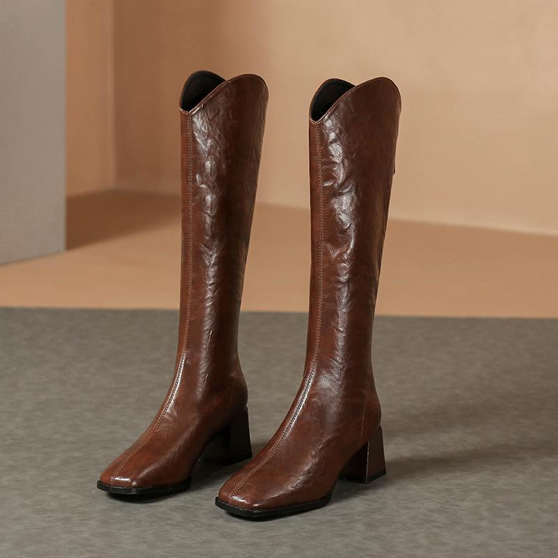 ブーツ レディース 女性用 ミドル丈 スクエアトゥ 太ヒール チャンキーヒール 防水 防滑 保温 耐摩耗 人工PUレザー 合成皮革 ブラック ブラウン 秋冬