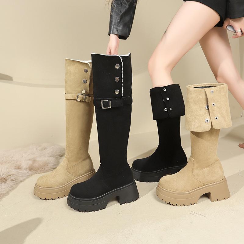 ブーツ レディース ロングブーツ ハイヒール 厚底 スエード調 美脚 ラウンドトゥ カジュアル 杏色 ブラック 春秋 秋冬