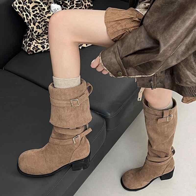 ブーツ レディース 騎士ブーツ ミドル丈 太ヒール ラウンドトゥ 無地 スプリングブーツ オータムブーツ 人工PU ブラック カーキ(4.0)