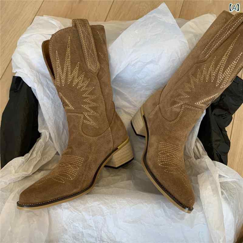 ブーツ レディース 絨面 復古 ウェスタン カウボーイ 秋冬 高筒 チャンキーヒール スティレット ファッション ブラック カーキ