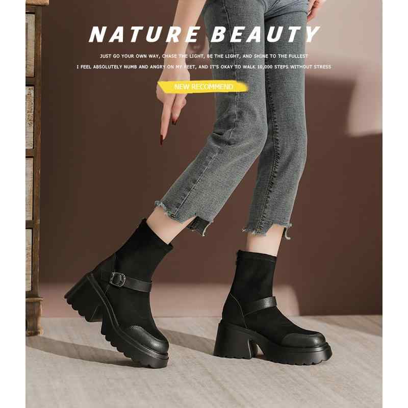 ブーツ レディース 婦人靴 厚底 ショートブーツ ストレッチ スエード調 ラウンドトゥ ハイヒール 太ヒール チャンキーヒール レザー切り替え 秋冬 黒 ブラック 茶色 ブラウン あったか 裏起毛