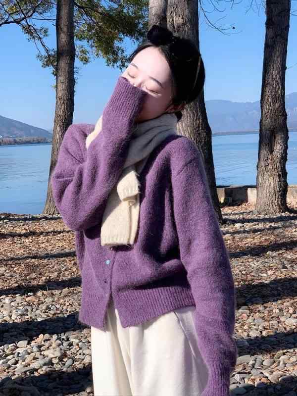・素材: ニット・柄: 無地・厚さ: 中・組み合わせ: 単品・スタイル: カーディガン・シルエット: ゆったり・袖: 通常袖・ネックライン: ラウンドネック・袖丈: 長袖・着丈: 普通 (50cm超65cm以下)・色: 紫・サイズ: フリー・スタイル: 通勤・フロント: シングルブレスト・製品カテゴリ: セーター・主素材の含有量: 30〜50%