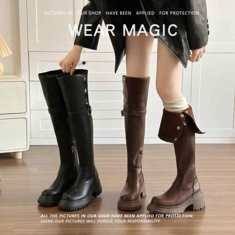 ブーツ レディース 膝丈ブーツ 2way 折り返し チャンキーヒール レザー ウエスタンブーツ ロングブーツ ブラウン ブラック 秋冬
