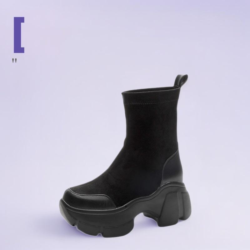 ブーツ レディース 婦人靴 スポーティ カジュアル 黒 ブラック ストレッチ スキニー インヒール ハイヒール 防水 厚底 通気性 滑り止め 磨耗性 中筒 春秋冬(4.0)