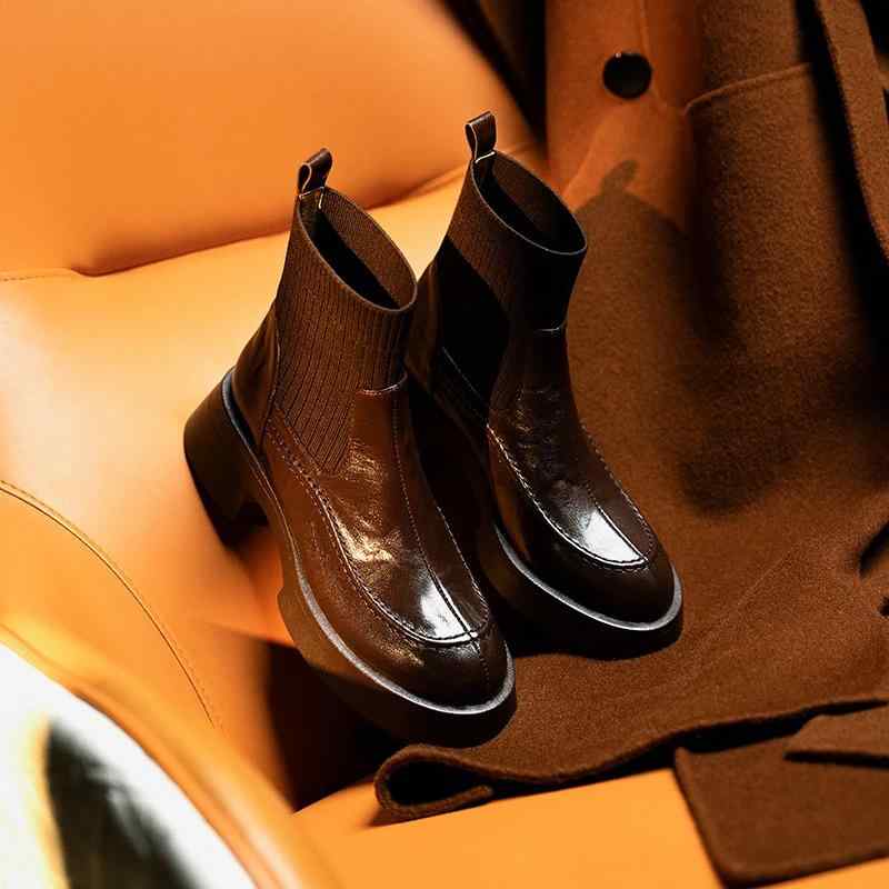 ショートブーツ レディース 羊革 ニット 切り替え 太ヒール 防水 防滑 暖かい ラウンドトゥ カジュアル ブラック ブラウン 春秋冬