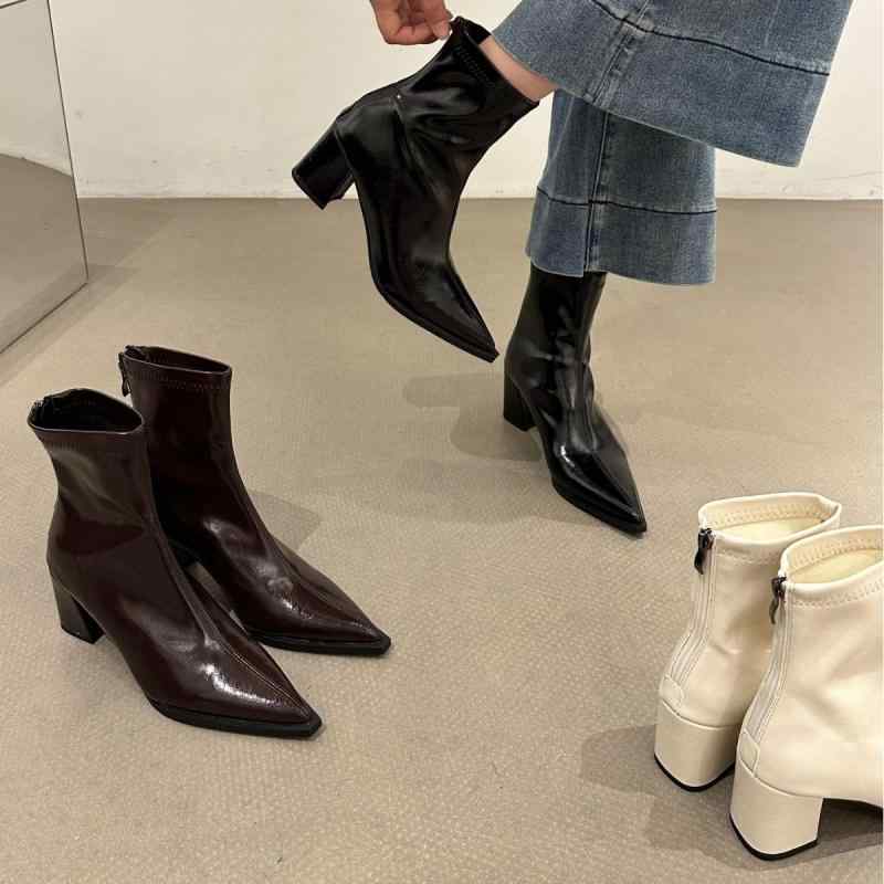 ブーツ レディース ショートブーツ 太ヒール ポインテッドトゥ ミドル丈 イングランドスタイル 美脚 ブラック 黒色 杏色 コーヒー色 スムース PUレザー 合成ゴム 春秋冬