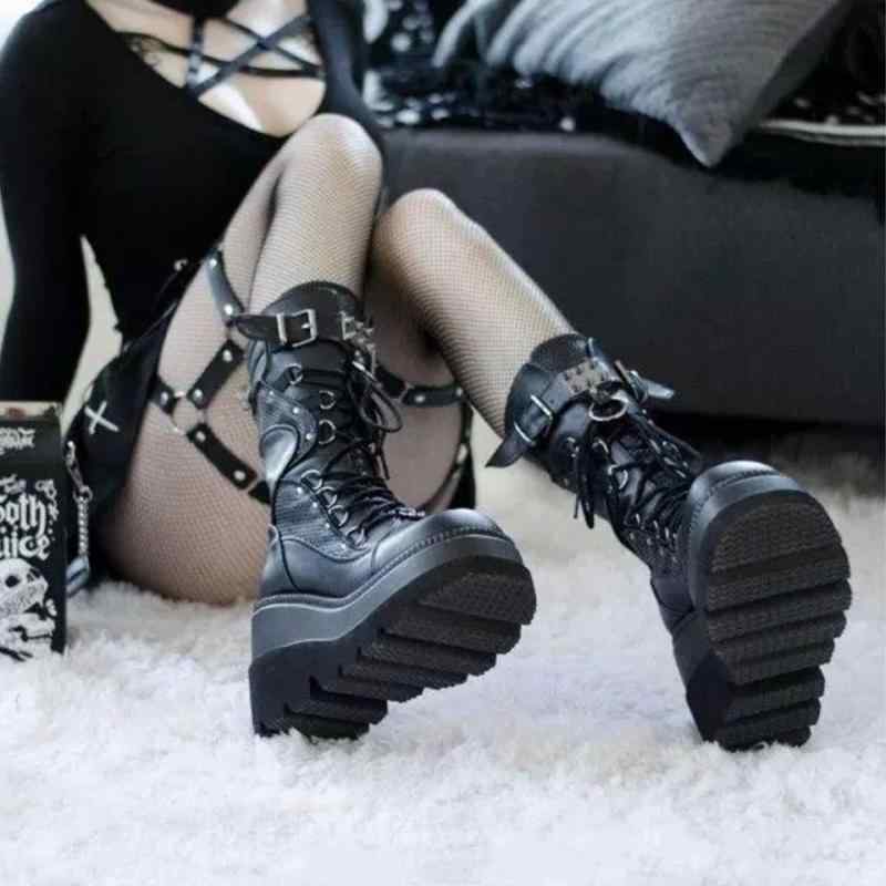 ブーツ レディース 厚底 エンジニアブーツ ゴシック パンク ミドル丈 ニット レースアップ 超繊維 ラウンドトゥ 6cm 7cm 8cm ブラック 黒 ホワイト 白 ピンク 歩きやすい