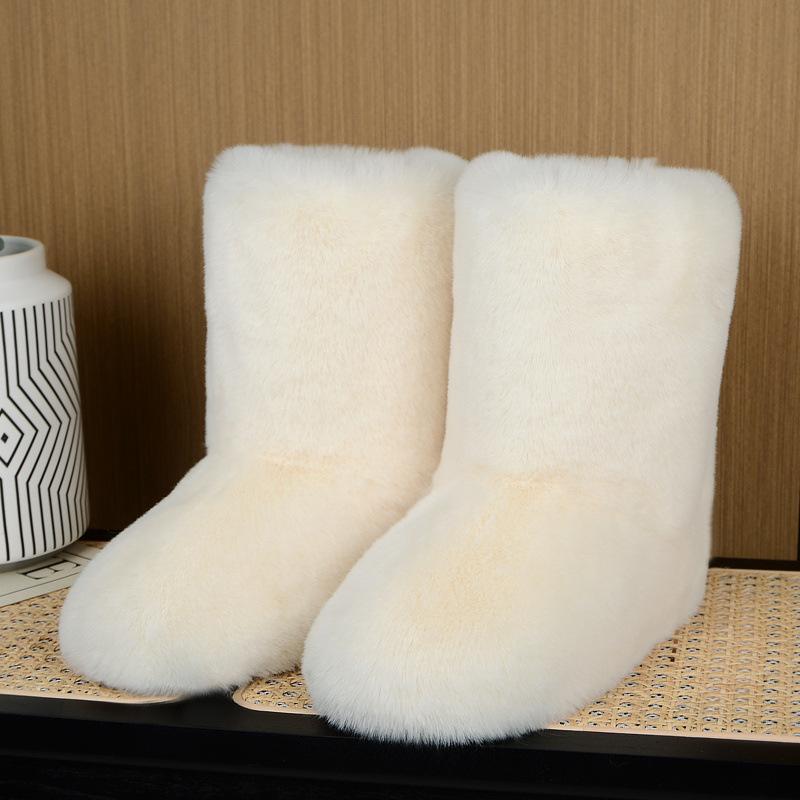 雪地ブーツ レディース 筒高26cm 高帮 フラットヒール ラウンドトゥ 履き口深め リアルファー風 フェイクファー ラビットファー風 暖かい 防寒 耐摩耗性 普段使い 秋冬 無地 複数カラー(4.0)
