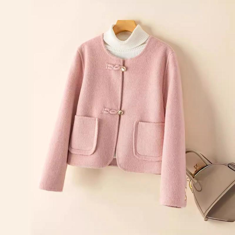 コート レディース 小柄 ショート丈 ウールブレンド ダブルフェイス ニット 高級感 ミルキーホワイト ダークグレー ピンク かわいい 大人 Uネック 長袖 秋冬