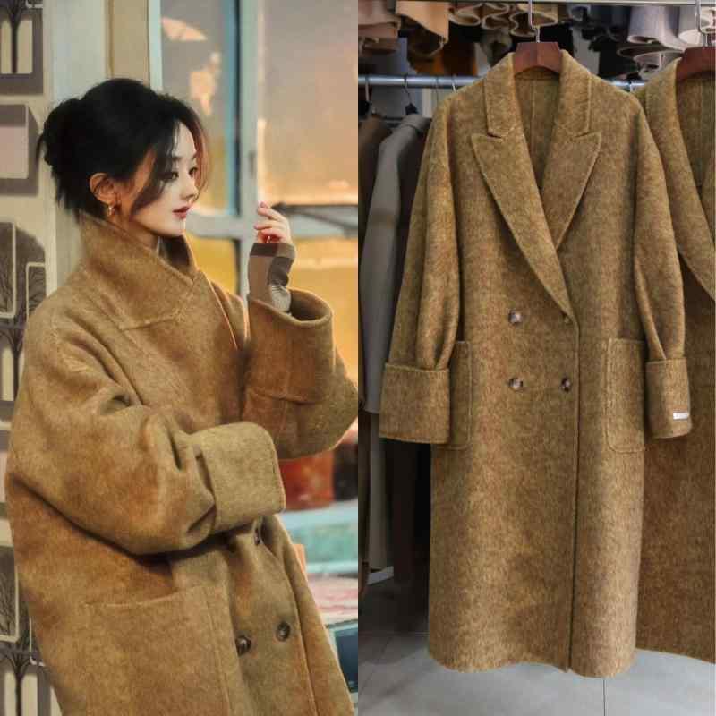 コート レディース キャメル混ウール ダブルブレスト 秋冬 ミドル丈 ゆったりシルエット ドロップショルダー 襟付き 通勤