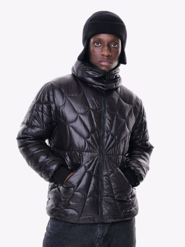 ダウンジャケット メンズ レディース スパイダーマン プリント 黒 ブラック フード付き 厚手 防寒 アウター ブルゾン ジャンパー カジュアル スタイル