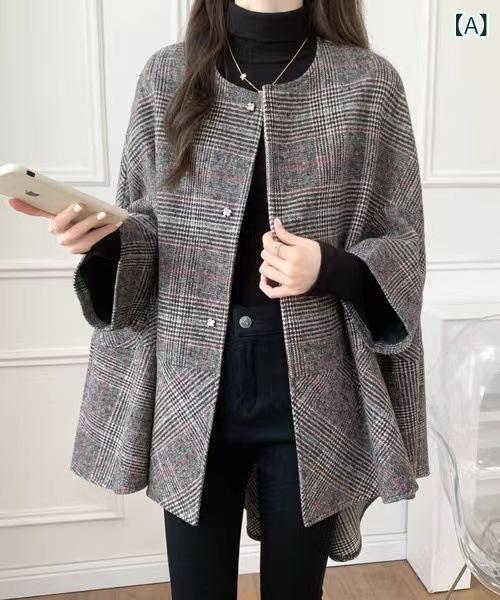 コート レディース ポンチョ風 格子柄 ウール 混紡 アウター ケープ ミドル丈 M L ゆったりサイズ 春秋 エレガント 通勤 レッド系 ブルー系 ブラック グレー ベージュ モカ 浅グレー 浅ブラウン 浅ピンク