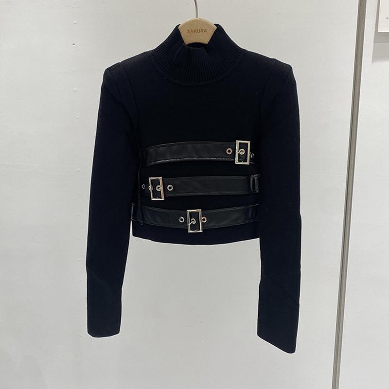 ニット レディース 長袖 秋冬 韓国風 スリムフィット ハイネック ショート丈 プルオーバー トップス 切り替え デザイン ブラック ホワイト系