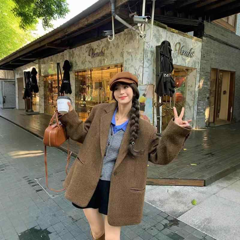 Coat - コート レディース 秋冬 小柄 レトロ 韓国風 学生風 スーツ襟 ウール混 厚手 暖かい ゆったり 長袖 普段使い コーヒー色