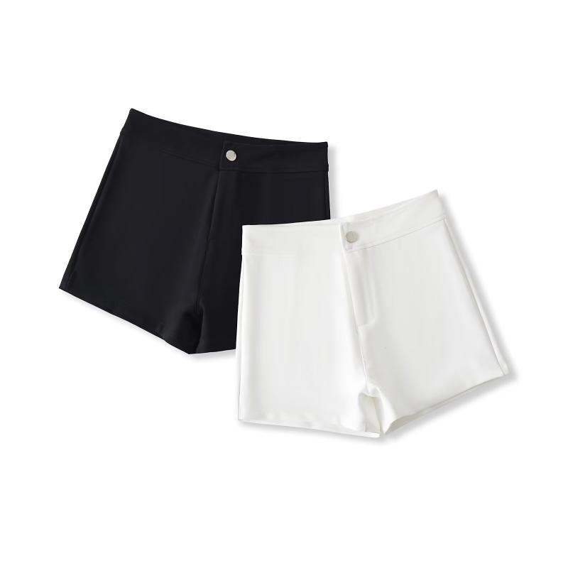 レディース 短パン 高腰 Aライン 純色 熱パン 黒 白 直筒 甘辛 私服 高弾力 口袋 人棉 免烫 中厚 春季 百搭 修身 西装 弾力