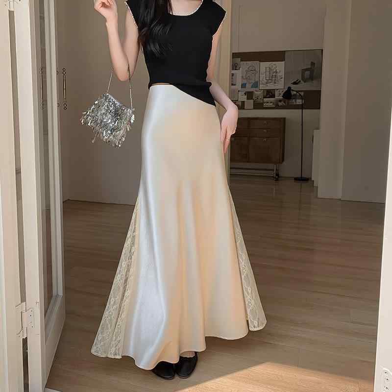 スカート レディース 魚尾スカート ロングスカート 裾レース 切り替え 高見え 美脚 杏色