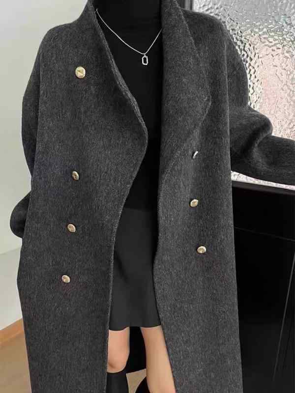 コート レディース 秋冬 ウール ロング丈 オーバーサイズ ドロップショルダー ダブルブレスト ゆったり 体型カバー 通勤 ミディアムグレー グレー オフホワイト