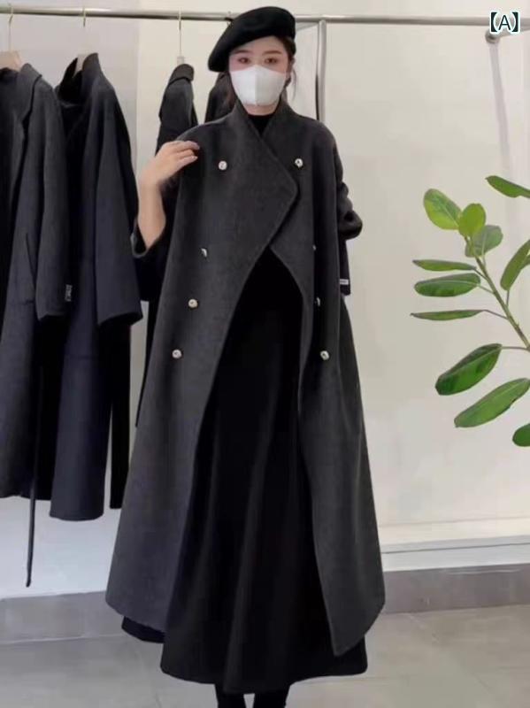 コート レディース 秋冬 ウール ロング丈 オーバーサイズ ドロップショルダー ダブルブレスト ゆったり 体型カバー 通勤 ミディアムグレー グレー オフホワイト
