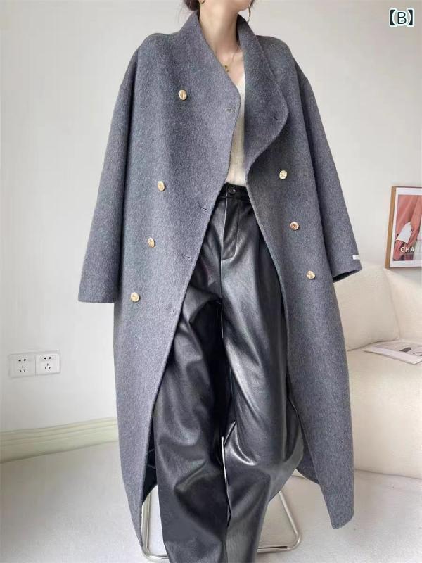 コート レディース 秋冬 ウール ロング丈 オーバーサイズ ドロップショルダー ダブルブレスト ゆったり 体型カバー 通勤 ミディアムグレー グレー オフホワイト