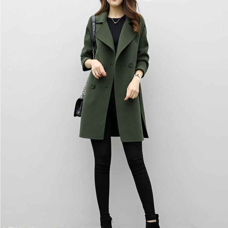 Coat - コート レディース 春秋 韓国風 ミドル丈 ダブルブレスト ゆったり テーラード ウール ポリエステル 無地 ブラック カーキ ブラウン