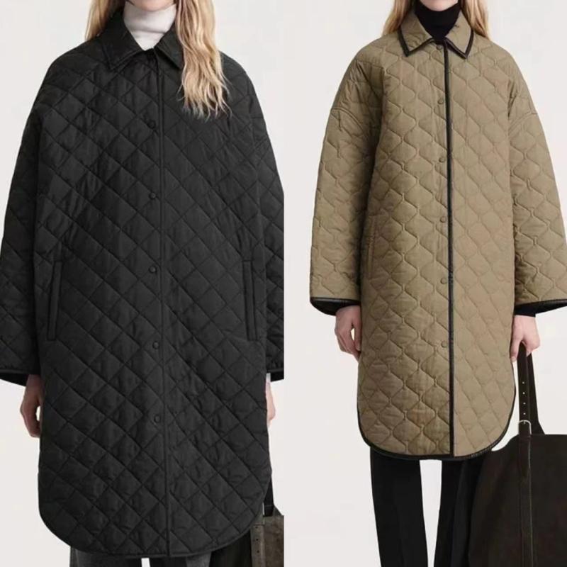 コート レディース 法式スタイル 2024 秋冬 新作 キルティング ゆったり コクーンシルエット 中綿入り コットン ミドル丈 ロング丈 POLO襟 長袖 無地 ブラック 沼沢グリーン