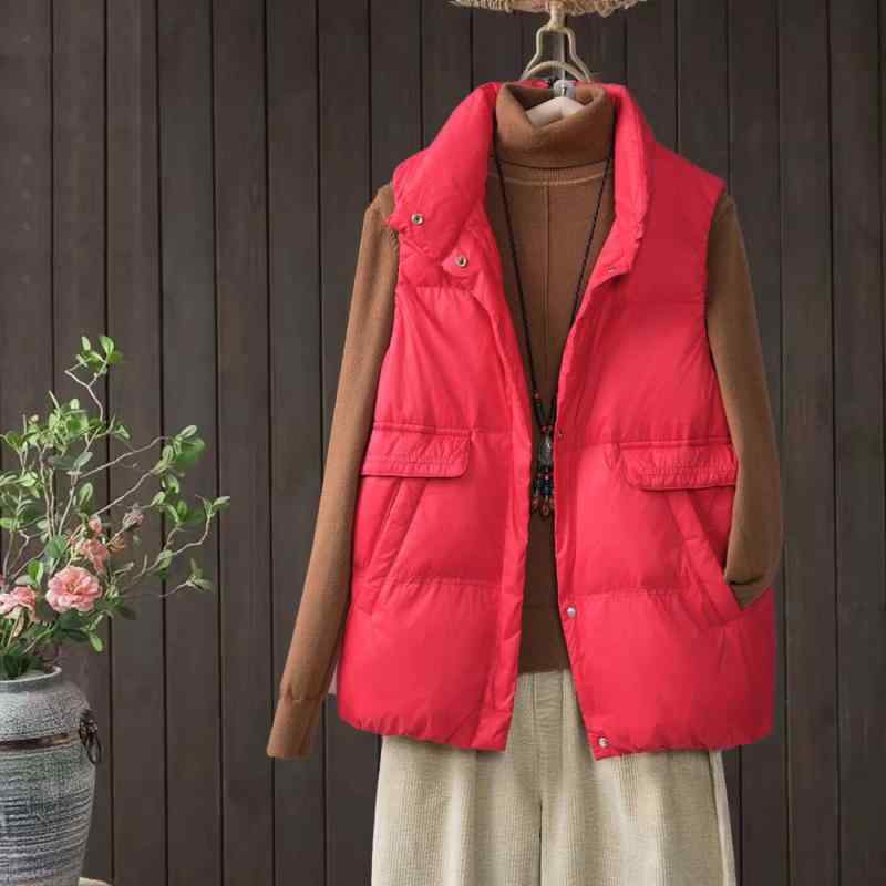 ダウンベスト レディース ショート丈 白ダウン 立襟 シングルブレスト 文芸 レトロ スタイル ポケット付き ホワイト ブラック レッド カーキ グレー 秋冬