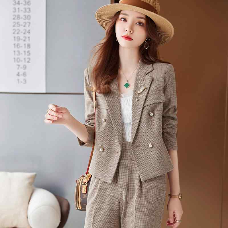 スーツ レディース 秋冬 チェック柄 ショート丈 ジャケット ＆ パンツ セットアップ カジュアル フォーマル 長袖 綿 OL 通勤 オフィス グレー系 アプリコット(4.0)